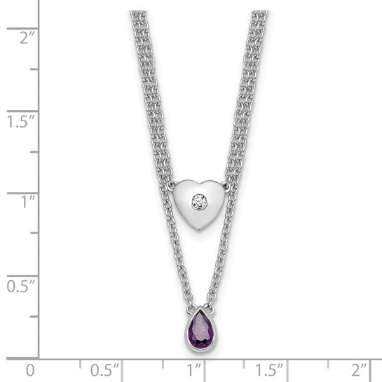 Bezel Set Diamond Heart and Amethyst Teardrop Two Strand Platinum Plated Sterling Silver Necklace