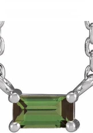 Women's single artificial green tourmaline straight baguette necklace by Diamond Essence set in platinum plated sterling silver. 0.25 Cts. t.w.