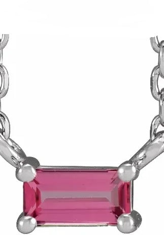 Women's single artificial pink tourmaline straight baguette necklace by Diamond Essence set in platinum plated sterling silver. 0.25 Cts. t.w.