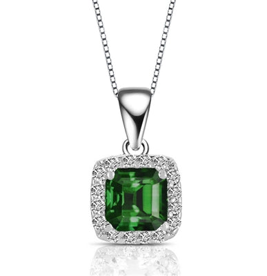 Designer Pendant With Emerald Essence Asscher cut stone in four prongs setting and surrounded by Diamond Essence Melee,1.50 Cts.T.W. in Platinum Plated Sterling Silver.