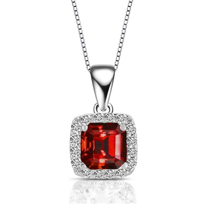 Designer Pendant With Ruby Essence Asscher cut stone in four prongs setting and surrounded by Diamond Essence Melee,1.50 Cts.T.W. in Platinum Plated Sterling Silver.