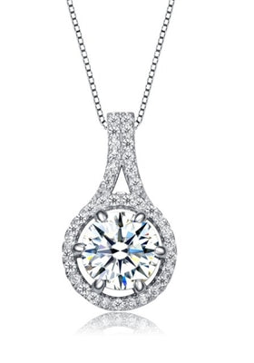Diamond Essence Designer Pendant with Round Brilliant Stone and Melee, 2.20 Cts.t.w. set in Platinum Plated Sterling Silver. 18mm Length x 10mm Width.