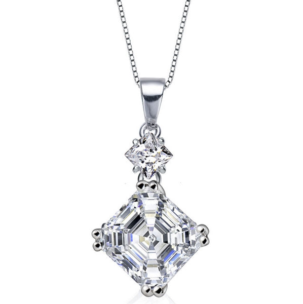 Diamond Essence Pendant With Asscher Stone And Princess Stone in Platinum Plated Sterling Silver.
Length Of Pendant is 21.5 mm and Width is 9.5mm.