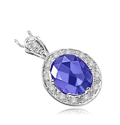 oval sapphire encircled by gems in silver pendant