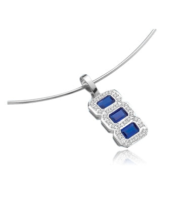Bar Set Pendant with Three Simulated Radiant Emerald Cut Sapphire Center and Round Brilliant Melee Diamonds by Diamond Essence set in Sterling Silver