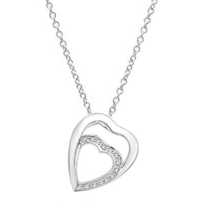 Platinum Plated Sterling Silver pendant with two hearts as one. The larger heart gleams protectingly. The smaller heart nestled lovingly inside flutters with a beautifully bedecked melee of Diamond Essence masterpieces.