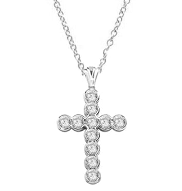 Show your spirit with a heavy, solid cross pendant made with Round Diamond Essence stones 1.5 Cts. each Delightfully Dazzling 2-1/4"H and 1-3/4"W. Chain Not Included.