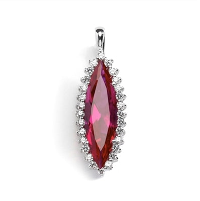 Diamond Essence 4.0 ct. ruby stone surrounded by round stones, 4.5 Cts. T.W. set in Platinum Plated Sterling Silver. Chain Included.