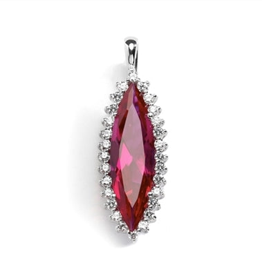 Diamond Essence 4.0 ct. ruby stone surrounded by round stones, 4.5 Cts. T.W. set in Platinum Plated Sterling Silver. Chain Included.