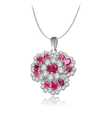 Flower effect ruby & white stone pendant in platinum plating