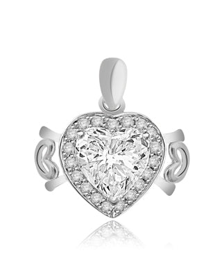 Beautiful Heart Pendant, showing off 4 carat Heart cut Diamond Essence stone set in prong setting, surrounded by round brilliant stones and 2 small hearts on either side. 5.0 cts.t.w. in Platinum Plated Sterling Silver.