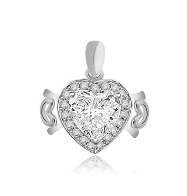 Beautiful Heart Pendant, showing off 4 carat Heart cut Diamond Essence stone set in prong setting, surrounded by round brilliant stones and 2 small hearts on either side. 5.0 cts.t.w. in Platinum Plated Sterling Silver.