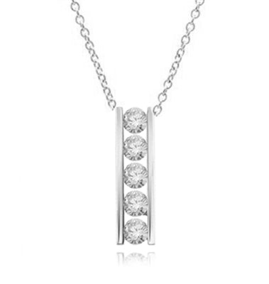 Diamond Essence round brilliant stones, 0.5 ct. each, set in a row between two bars channel setting. 2.5 cts.t.w.in Platinum Plated Over Sterling Silver.