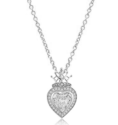 Majestic looking Heart cut Diamond Essence stone, 7 carat, surrounded by brilliant melee, with crown top set in Platinum plated Sterling Silver.