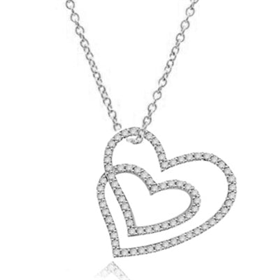Two intervening hearts, showing off Diamond Essence Round brilliant melee set in Platinum Plated Sterling Silver. 2.5 cts.t.w.
