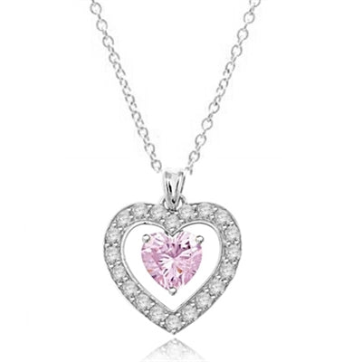 Three carat heart shape Pink Essence stone in prong setting, is surrounded by round brilliant Diamond Essence stones, making another heart. 4.0 cts.t.w. in Platinum Plated Sterling Silver.
