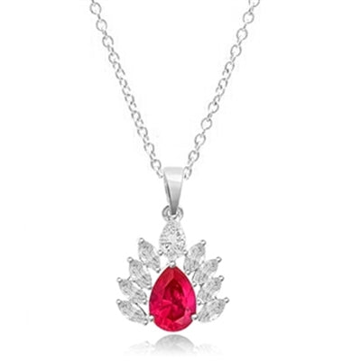 Prong Set Designer Pendant with Simulated Pear Cut Ruby Essence and Brilliant Marquise Diamonds by Diamond Essence set in Sterling Silver