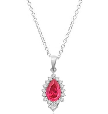 Prong Set Pendant with Simulated Pear Cut Ruby Center, Brilliant Melee and Princess Cut Diamonds by Diamond Essence set in Sterling Silver