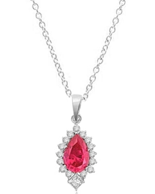 Prong Set Pendant with Simulated Pear Cut Ruby Center, Brilliant Melee and Princess Cut Diamonds by Diamond Essence set in Sterling Silver