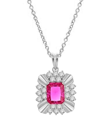 Diamond Essence 4 carat Ruby Emerald cut stone supported by silver bars on four corners and group of five round brilliant stones on each side. 6 cts.t.w. set in Platinum Plated Sterling Silver.