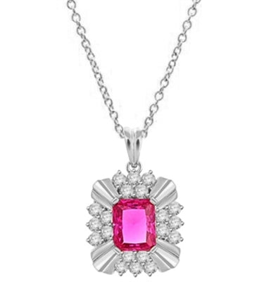 Diamond Essence 4 carat Ruby Emerald cut stone supported by silver bars on four corners and group of five round brilliant stones on each side. 6 cts.t.w. set in Platinum Plated Sterling Silver.