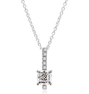 Elegant Pendant with 3 carat Cushion cut Diamond Essence stone in four prong setting, with Round Brilliant stones in four prongs, set on a bar. 4.0 cts.t.w. in Platinum Plated Sterling Silver