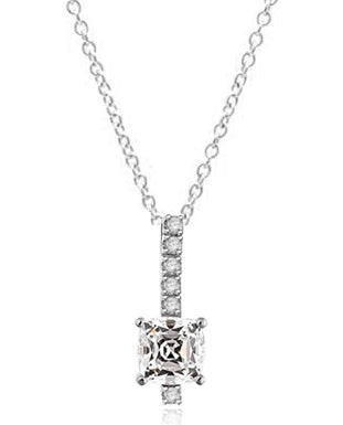 Elegant Pendant with 3 carat Cushion cut Diamond Essence stone in four prong setting, with Round Brilliant stones in four prongs, set on a bar. 4.0 cts.t.w. in Platinum Plated Sterling Silver