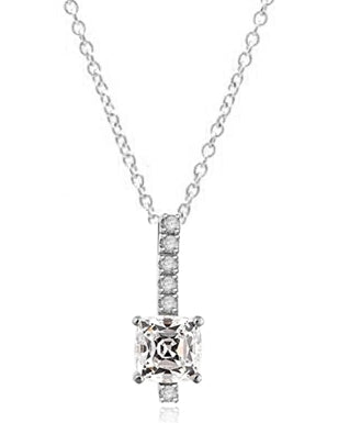 Elegant Pendant with 3 carat Cushion cut Diamond Essence stone in four prong setting, with Round Brilliant stones in four prongs, set on a bar. 4.0 cts.t.w. in Platinum Plated Sterling Silver