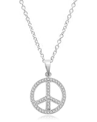 PEACE Sign Pendant. Platinum Plated Sterling Silver Pendant, channel set Round Brilliant Diamond Essence stones sparkling bright and spreading peace everywhere. 1.00 ct.t.w.