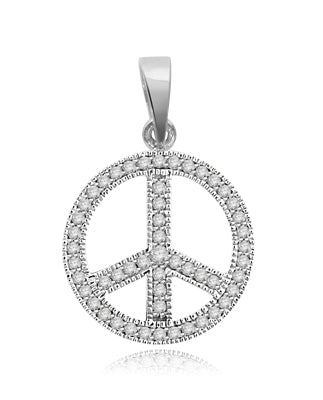 PEACE Sign Pendant. Platinum Plated Sterling Silver Pendant, channel set Round Brilliant Diamond Essence stones sparkling bright and spreading peace everywhere. 1.00 ct.t.w.