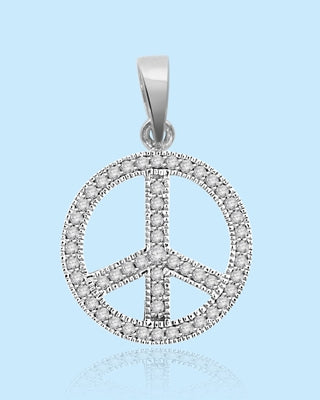 PEACE Sign Pendant. Platinum Plated Sterling Silver Pendant, channel set Round Brilliant Diamond Essence stones sparkling bright and spreading peace everywhere. 1.00 ct.t.w.