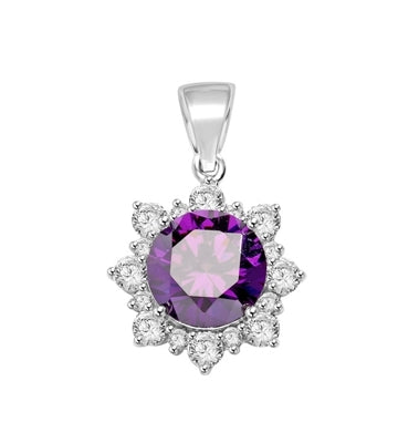 Designer Pendant with Round Amethyst Essence in center surrounded by Round Brilliant Diamond Essence and Melee. 4.5 Cts. T.W. set in Platinum Plated Sterling Silver.