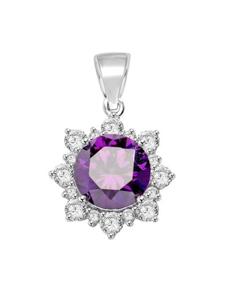 Designer Pendant with Round Amethyst Essence in center surrounded by Round Brilliant Diamond Essence and Melee. 4.5 Cts. T.W. set in Platinum Plated Sterling Silver.