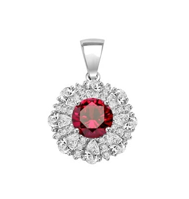 Diamond and Ruby Pendant - 2.0 cts. Round Ruby Essence in center surrounded by Pear Cut Diamond Essence and Melee. 5.5 Cts. T.W. set in Platinum Plated Sterling Silver.