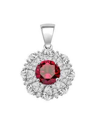 Diamond and Ruby Pendant - 2.0 cts. Round Ruby Essence in center surrounded by Pear Cut Diamond Essence and Melee. 5.5 Cts. T.W. set in Platinum Plated Sterling Silver.