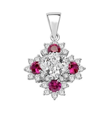 Designer Pendant with Asscher cut Diamond Essence in center surrounded by Floral designs created with Round Ruby Essence and Melee. 6.0 Cts. T.W. set in Platinum Plated Sterling Silver.