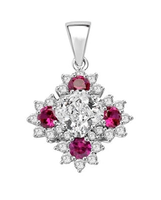 Designer Pendant with Asscher cut Diamond Essence in center surrounded by Floral designs created with Round Ruby Essence and Melee. 6.0 Cts. T.W. set in Platinum Plated Sterling Silver.