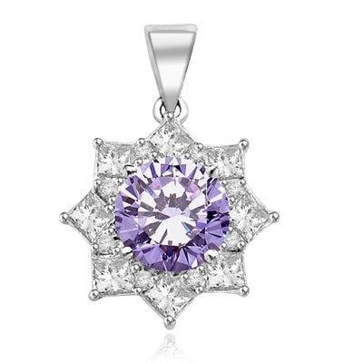 Pendant with 3.50 Cts. Round Lavender Essence in center surrounded by Princess Cut Diamond Essence and Melee. 6.50 Cts. T.W. set in Platinum Plated Sterling Silver.