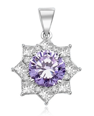 Pendant with 3.50 Cts. Round Lavender Essence in center surrounded by Princess Cut Diamond Essence and Melee. 6.50 Cts. T.W. set in Platinum Plated Sterling Silver.