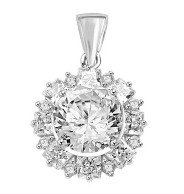 Designer Pendant with 4.0 Cts Round Brilliant Diamond Essence in center surrounded by alternately set in Princess and Melee. 7.25 Cts T.W. in Platinum Plated Sterling Silver.
Free Silver Chain Included.