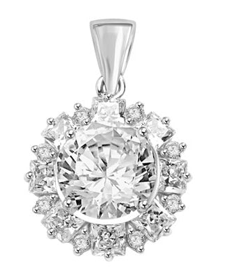 Designer Pendant with 4.0 Cts Round Brilliant Diamond Essence in center surrounded by alternately set in Princess and Melee. 7.25 Cts T.W. in Platinum Plated Sterling Silver.
Free Silver Chain Included.