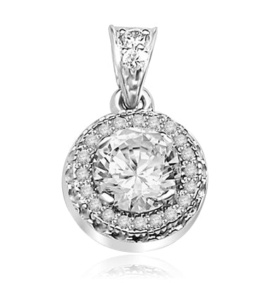 Pendant with Round Brilliant Diamond Essence in Center, surrounded by Melee 1.25 Cts T.W. set in Platinum Plated Sterling Silver.
