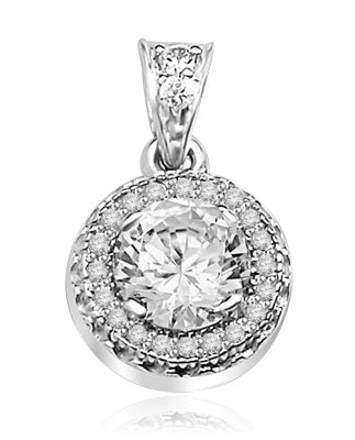 Pendant with Round Brilliant Diamond Essence in Center, surrounded by Melee 1.25 Cts T.W. set in Platinum Plated Sterling Silver.
