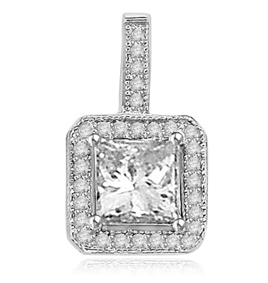Pretty Princess Cut Diamond Essence centerpiece,surrounded by Round Brilliant Melee in Designer Pendant. 2.0 Cts. T.W. set in Platinum Plated Sterling Silver.