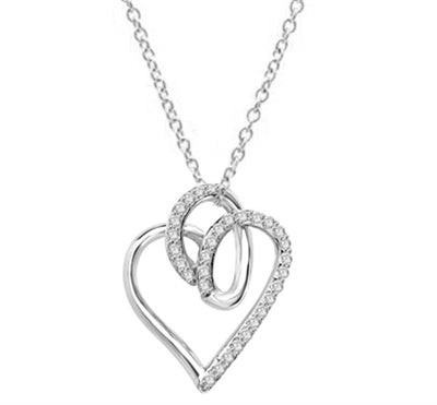Superb Heart Shaped Pendant with Brilliant Diamond Essence Stones on Fluttery Curves. 1.5 Cts. T.W. set in Platinum Plated Sterling Silver.