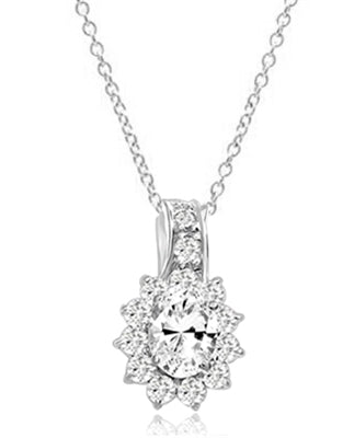 Brilliant Pendant with 1.5 Ct. Oval center surrounded by beautiful melee of Round Brilliants. 2.25 Cts.T.W. In 14k Gold Vermeil. Free Sterling Silver Chain.