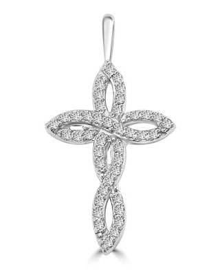 Diamond Essence 1" long Cross Pendant with delicate interwined design, 0.60 ct.t.w. in 14K Solid White Gold.