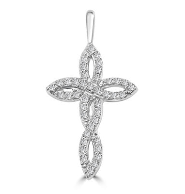 Diamond Essence 1" long Cross Pendant with delicate interwined design, 0.60 ct.t.w. in 14K Solid White Gold.
