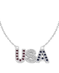 Let the patriotism show this season. Diamond Essence Pendant with Round Ruby, Sapphire and Brilliant Stones, In Platinum Plated Sterling Silver with Chain.