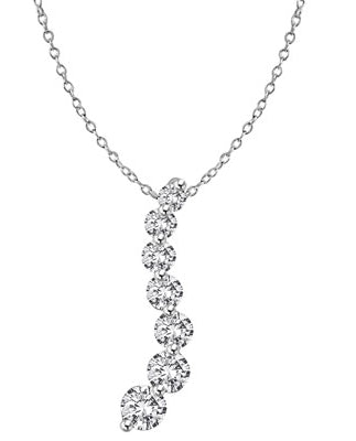 Diamond Essence Journey Pendant of 7 Round Brilliant Graduated Stones set in Platinum Plated Sterling Silver, 5.0 Cts.T.W. (Also available in 14K Solid White Gold, Item#WPE1702).
Free Silver Chain Included.